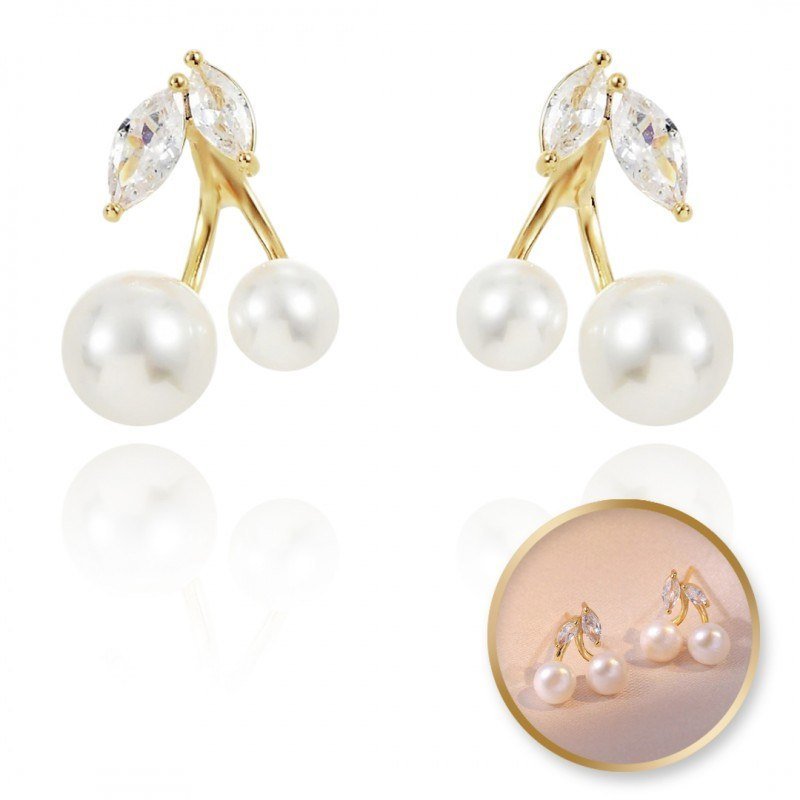 Kolczyki Wisienki Ze Stali Szlachetnej Pozłacanej 14K Złotem Cyrkonie, Sztyft Srebro S925 Perły Kst3334