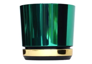 16 cm Doniczka DUO dwukolorowa ZIELONA z podstawką ZŁOTA * nowoczesna * styl glamour * efekt lustra * wysoki lustrzany połysk metaliczna * z drenaże.. - Donice - miniaturka - grafika 1