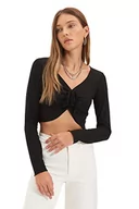 Body - Trendyol Damska bluzka slim bodycon z dekoltem w serek, Czarny, XS - miniaturka - grafika 1