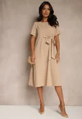Sukienki - Beżowa Rozkloszowana Sukienka Vices Zdobiona Wiązaniem Folarenne - miniaturka - grafika 1