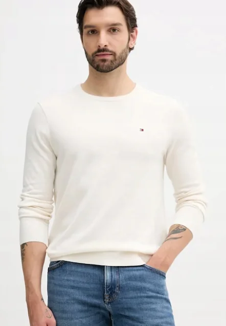 TOMMY HILFIGER KREMOWY SWETER MĘSKI Z LOGOWANIEM BAWEŁNIANY M 17CA