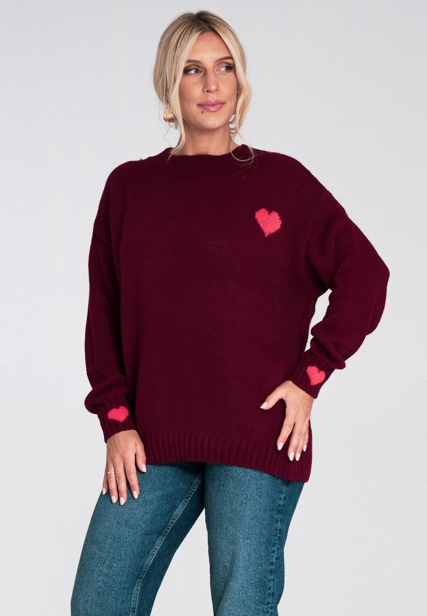 Damski sweter bordowy z czerwonymi sercami, luźny krój, okrągły dekolt, gruby splot - M1240, bordowy, XL