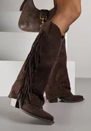 Kozaki damskie - Ciemnobrązowe Kozaki Kowbojki na Stożku z Cholewką Imitującą Nogawkę z Frędzlami Monettea - miniaturka - grafika 1