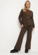 Komplety damskie - Brązowy Komplet Dzianinowy z Wiskozą Asymetryczny Kardigan i Spodnie Unallea - miniaturka - grafika 1