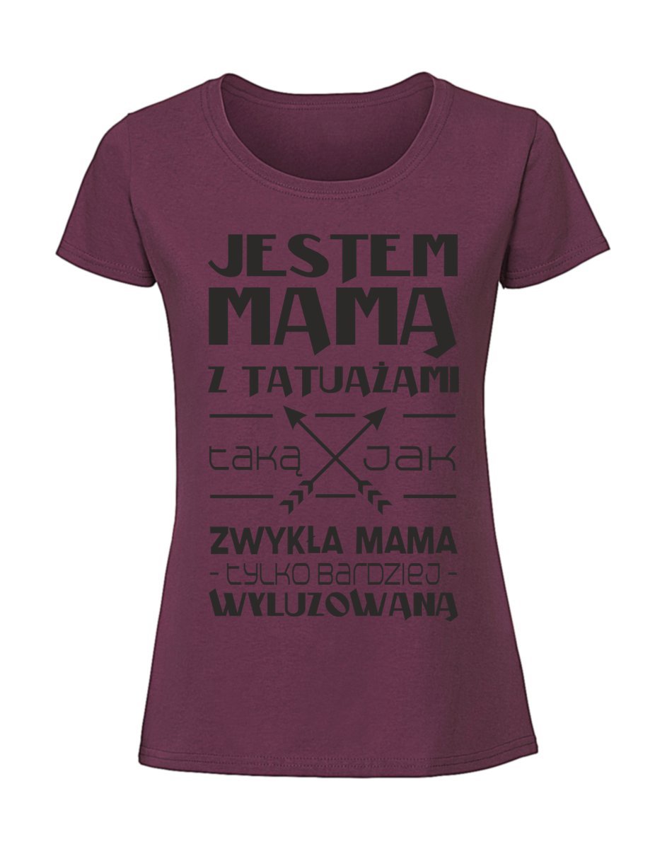 Damska koszulka z nadrukiem - Jestem mamą z tatuażami Burgundowy L