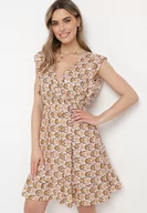 Sukienki - Brązowo-Beżowa Sukienka Mini z Wiskozy w Mozaikowy Wzór z Gumką w Pasie Lariaa - miniaturka - grafika 1