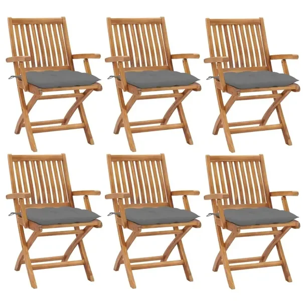 Stylowy zestaw 6 drewnianych krzeseł ogrodowych z szarymi poduszkami 56x58