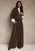 Komplety damskie - Ciemnobrązowy Garniturowy Komplet Marynarka i Spodnie z Kontrastującymi Zdobieniami Davirielle - miniaturka - grafika 1