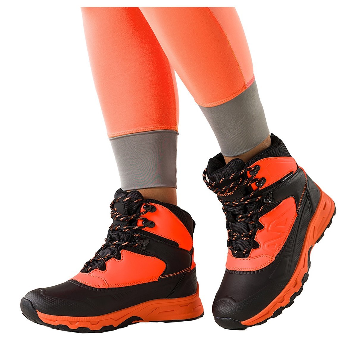 Czarne buty sportowe trekkingowe damskie wodoodporne na bieżnikowanej podeszwie sznurowane pomarańczowe wstawki Casu 7688-4D-41