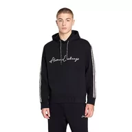 Bluzy męskie - Armani Exchange Męska bluza z kapturem z logo Bonded Cotton Signature, granatowy (Deep Navy), S - miniaturka - grafika 1