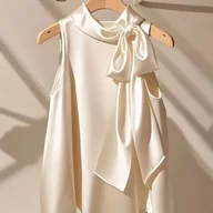 Koszule damskie - TEMU Elegancka Damska Bluzka Bez Rękawów z Kokardą - Jednokolorowy Top z Okrągłym Dekoltem Nadający się na Śluby, Imprezy i do Biura - Uniwersalna - miniaturka - grafika 1