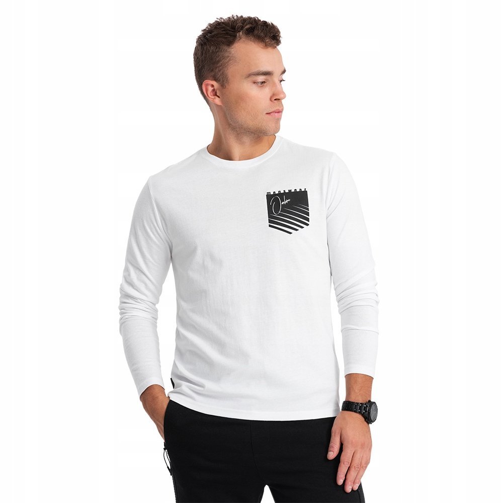 Longsleeve męski z printem w kształcie kieszonki biały V1 OM-LSPT-0118 L