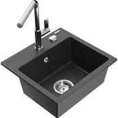 Zlewozmywaki z baterią - Mexen Milo zlewozmywak granitowy 1-komorowy z baterią kuchenną Flora, czarny nakrapiany - miniaturka - grafika 1