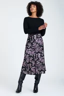 Spódnice - Satynowa spódnica z nadrukiem w drobne kwiaty, czarno-fioletowa - Greenpoint - miniaturka - grafika 1