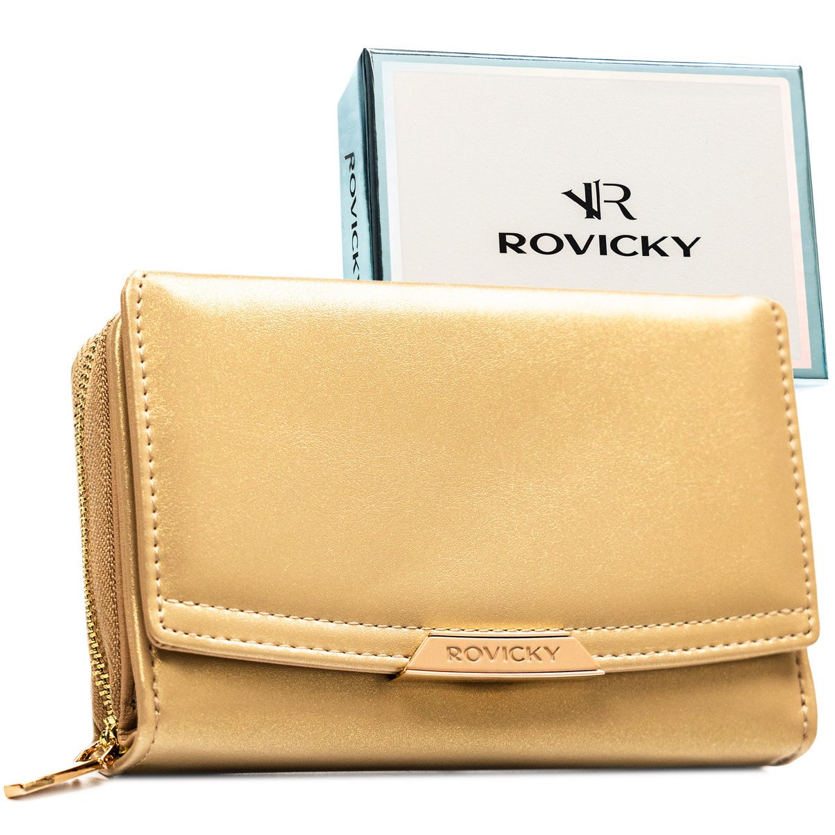 Portfel damski z ochroną RFID ROVICKY mały minimalistyczny na zatrzask i suwak elegancki beżowy