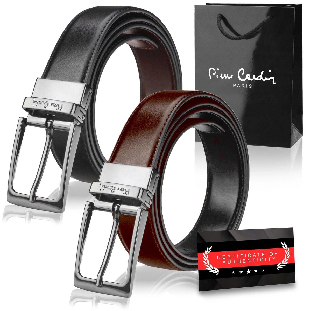 Pasek Męski Pierre Cardin Dwustronny Czarny Oryginalny Certyfikat FWJX5 Czarny + Brązowy
