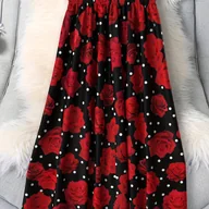 Spódnice - TEMU Spódnica damska elegancka w połowie długości - styl wakacyjny, czerwony kwiatowy wzór na czarnym tle z gumką w pasie, 125g materiału nadającego - miniaturka - grafika 1