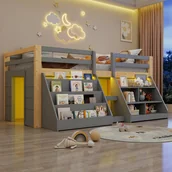 Łóżka dla dzieci i młodzieży - Łóżko dziecięce średniej wysokości 90 x 200 cm z półkami i barierką boczną - sosna + MDF + sklejka - LED - kolor naturalny + szary (bez materaca) - miniaturka - grafika 1