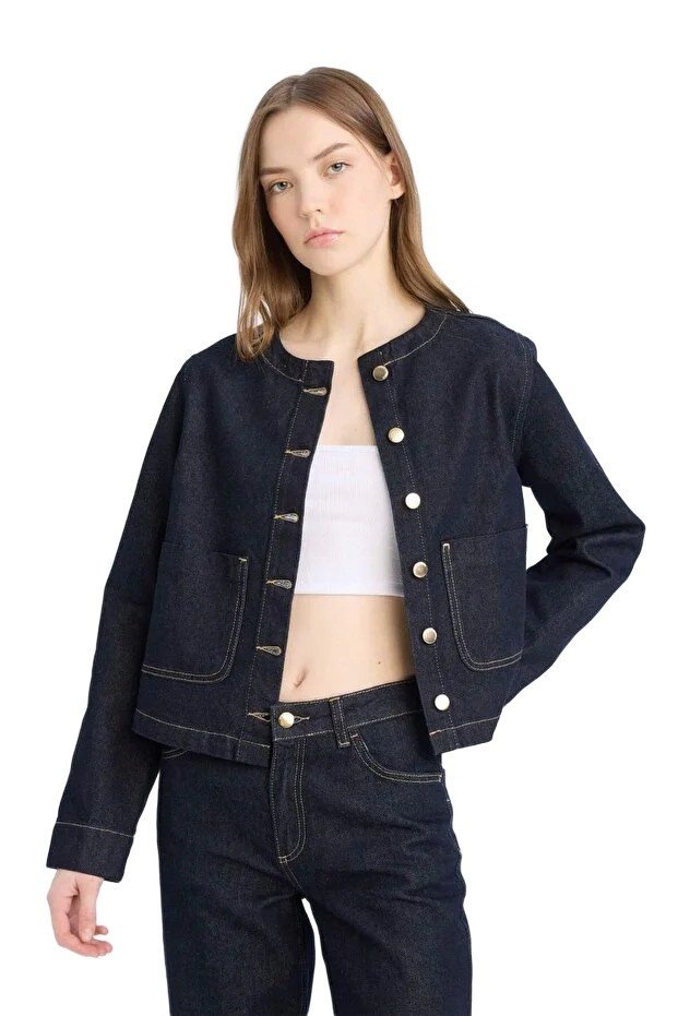 DEFACTO KRÓTKA JEANSOWA KURTKA DAMSKA BEZ KAPTURA Z GUZIKAMI XS 5FA