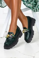 Mokasyny damskie - Zielone mokasyny skórzane damskie na platformie z ozdobą PRODUKT POLSKI Casu 1691-O-NO - miniaturka - grafika 1