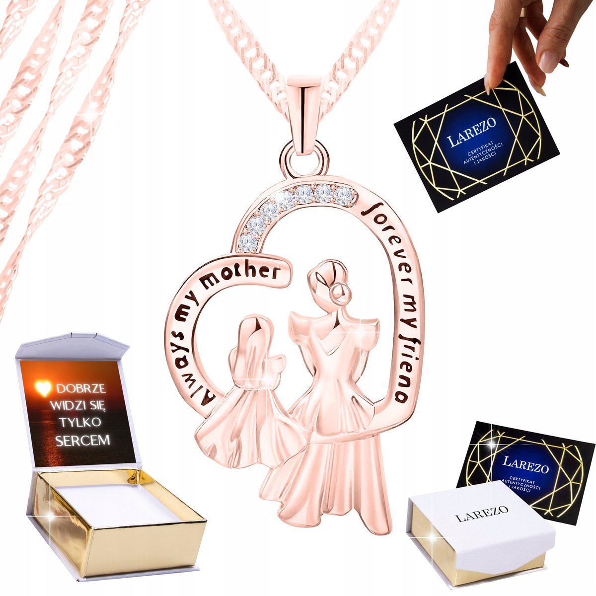 Naszyjnik Różowy 925 Matka z Dzieckiem w Sercu dla Mamy Serce Always NADRUK