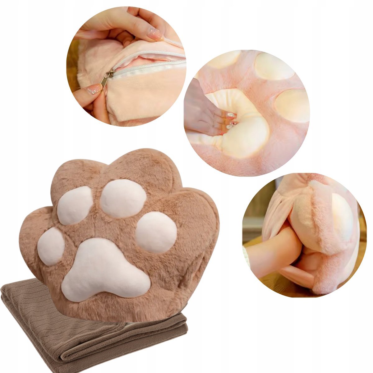 Poduszka Kocia Łapa Pluszak Ogrzewacz do Rąk Koc 3w1 Brąz