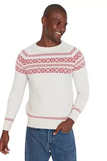 Swetry męskie - Trendyol Męska bluza z okrągłym dekoltem Colorblock Slim sweter, Ecru, M, Ecru, M - grafika 1