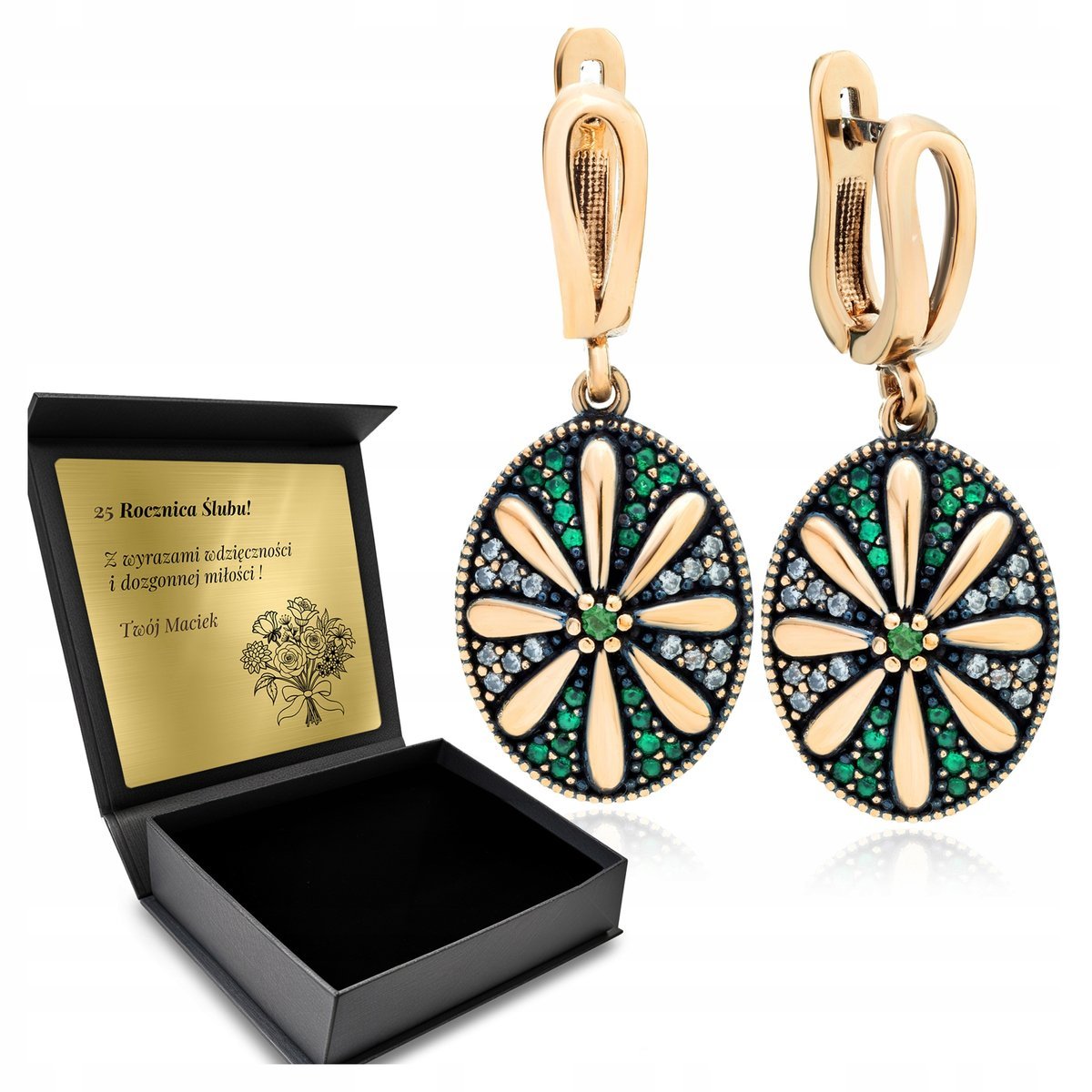 Kolczyki Srebrne 925 Cyrkonie Biżuteria Dla Kobiety Piękny Kwiat + Grawer