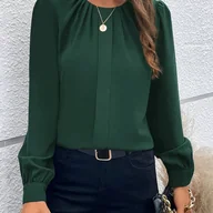 Koszule damskie - TEMU Elégantna Bluzka z Długim Rękawem w Stylu Bliskowschodnim - Jednokolorowa Koszula z Okrągłym Dekoltem i Plisowanymi Detalami, Pranie Maszynowe, - miniaturka - grafika 1