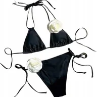 Stroje kąpielowe - Strój Kąpielowy Bikini Dwuczęściowy Duże Ozdobne Kwiaty Wiązany Black M - miniaturka - grafika 1