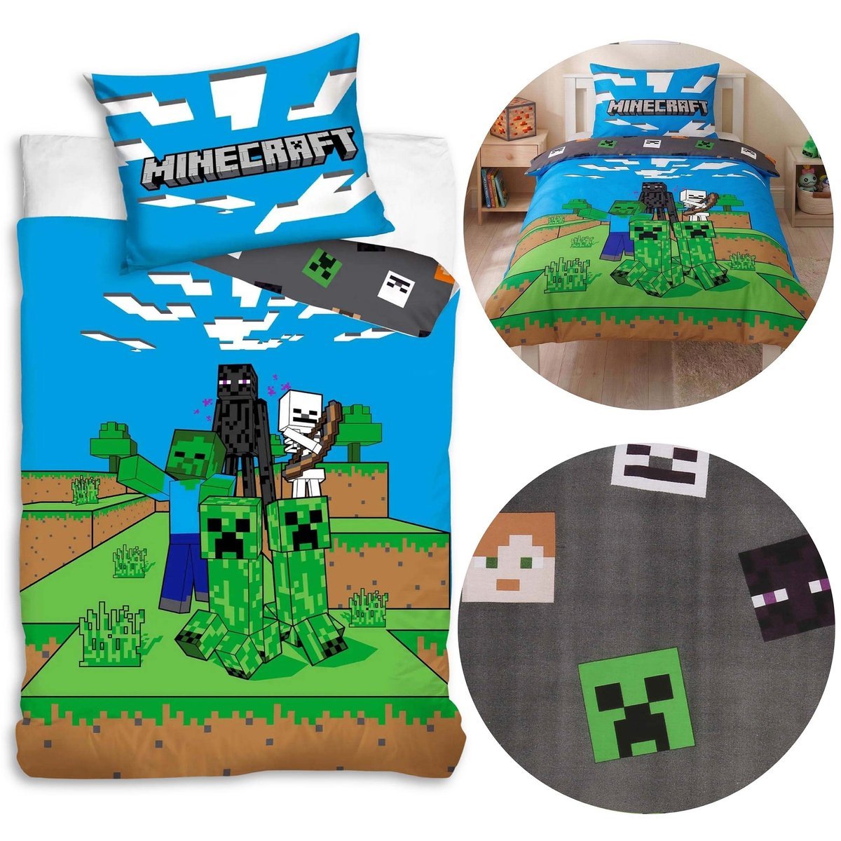 Minecraft DWUSTRONNA, bawełniana pościel dziecięca na zamek, komplet pościeli DLA GRACZA, 100% BAWEŁNA 160x200cm+70x80cm OEKO-TEX