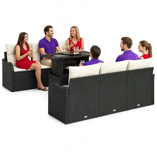 Zestaw sof ogrodowych modułowych, czarno-kremowy, rattan, dla 5 osób