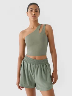Damski crop top treningowy na jedno ramię 4F x Anna Lewandowska 4FALSAW24TFSLF515 - zielony - 4F x AL - Koszulki sportowe damskie - miniaturka - grafika 1