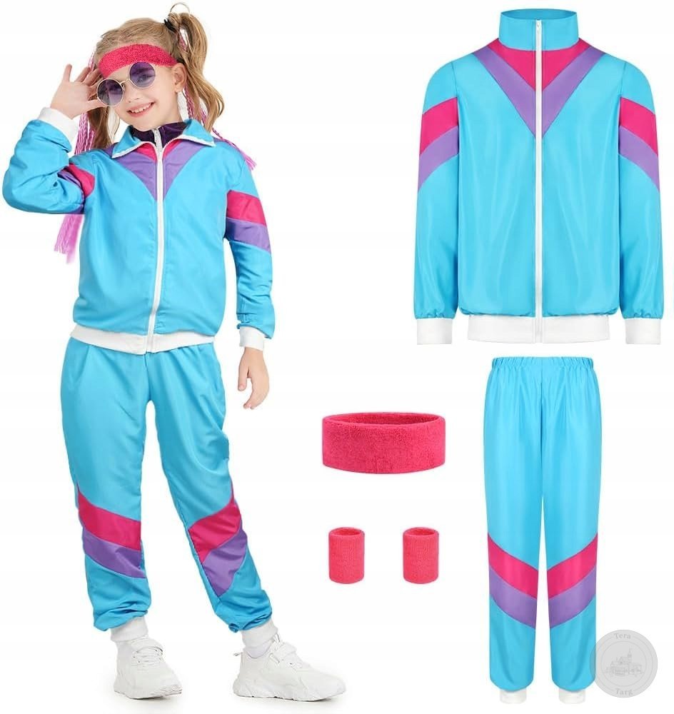 KOSTIUM DZIECIĘCY LATA 80 90 DRES RETRO KARNAWAŁ NIEBIESKI ZESTAW ROZMIAR M