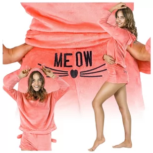 PIŻAMA DAMSKA ZIMOWA DWUCZĘŚCIOWA KOCIA USZY CIEPŁA MIĘKKA PLUSZOWA RÓŻOWA L - Piżamy damskie - miniaturka - grafika 1