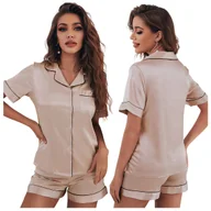 Piżamy damskie - PIŻAMA SATYNOWA DWUCZĘŚCIOWA KOMPLET KOSZULA SPODENKI BEŻOWA - M - miniaturka - grafika 1