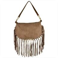 Torebki damskie - Włoska listonoszka z frędzlami skóra naturalna zamszowa brąz taupe - miniaturka - grafika 1