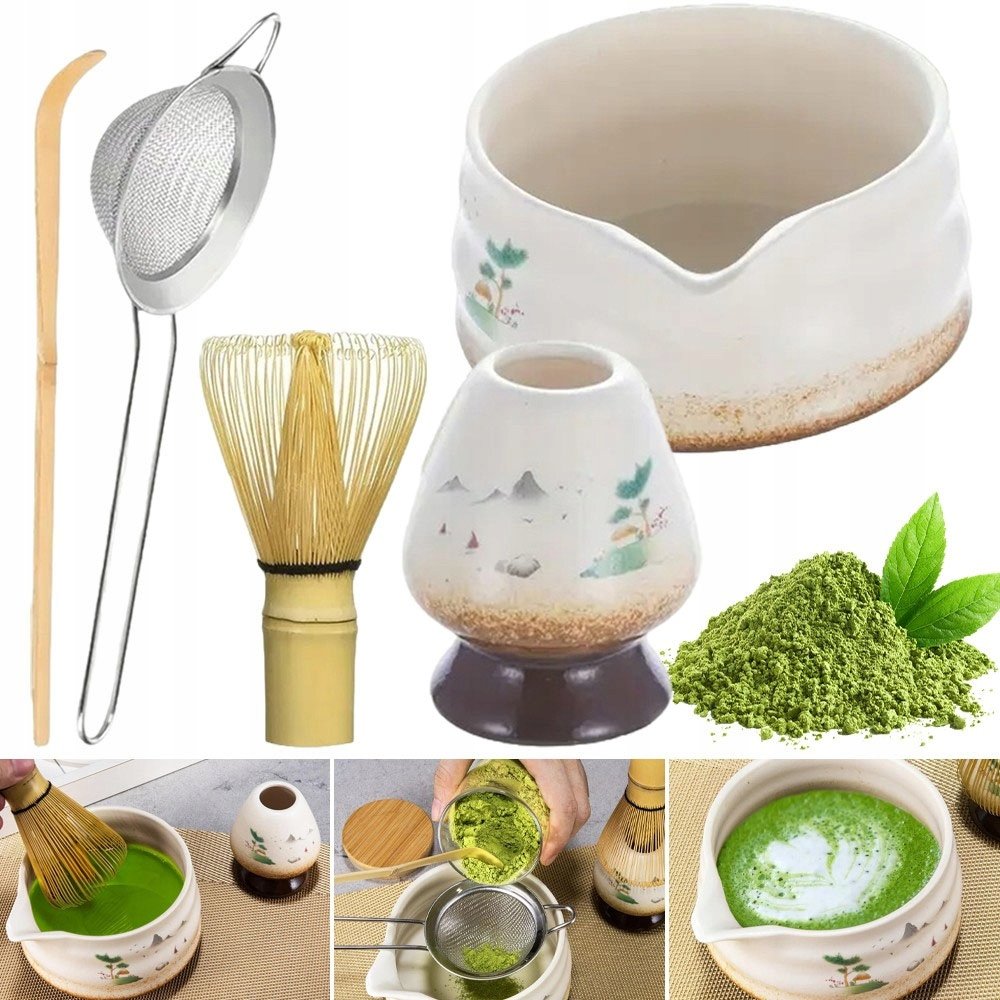 Zestaw Do Matchy 5SZT Ceramica Biała: Czarka, Chasen, Łyżeczka, Podstawka