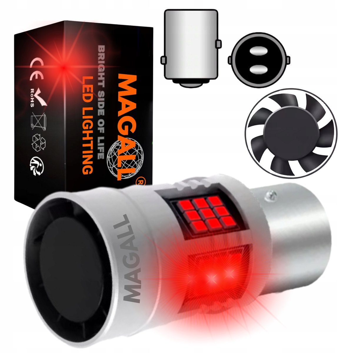 ŻARÓWKA LED P21/5W BAY15D 1157 CANBUS MAGALL FAN-CAN CZERWONE MOCNE STOP