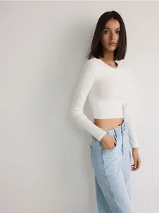 Reserved - Krótki longsleeve z bawełną - biały - Koszulki i topy damskie - miniaturka - grafika 1