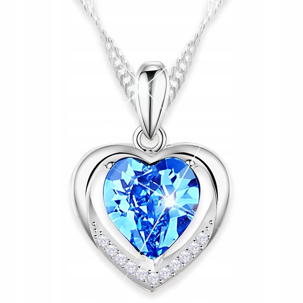 Naszyjnik Srebrny z Kryształowym Sercem Niebieskim Cyrkonie SREBRO 925