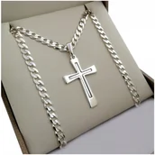 Łańcuszki - ELEGANCKIE SREBRNY ŁAŃCUSZEK PANCERKA+KRZYŻ NA 30 40 50 60 URODZINY GRAWER - miniaturka - grafika 1