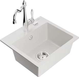 Mexen Milo zlewozmywak granitowy 1-komorowy z baterią kuchenną Carla, biały - 6505-20-670700-00 - Zlewozmywaki z baterią - miniaturka - grafika 1