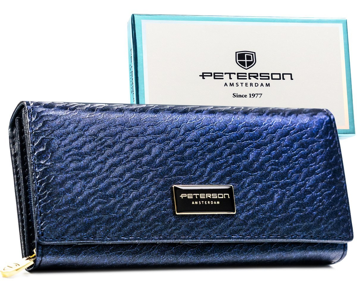 Granatowy portfel damski PETERSON duży elegancki na zatrzask modny wzór rfid stop