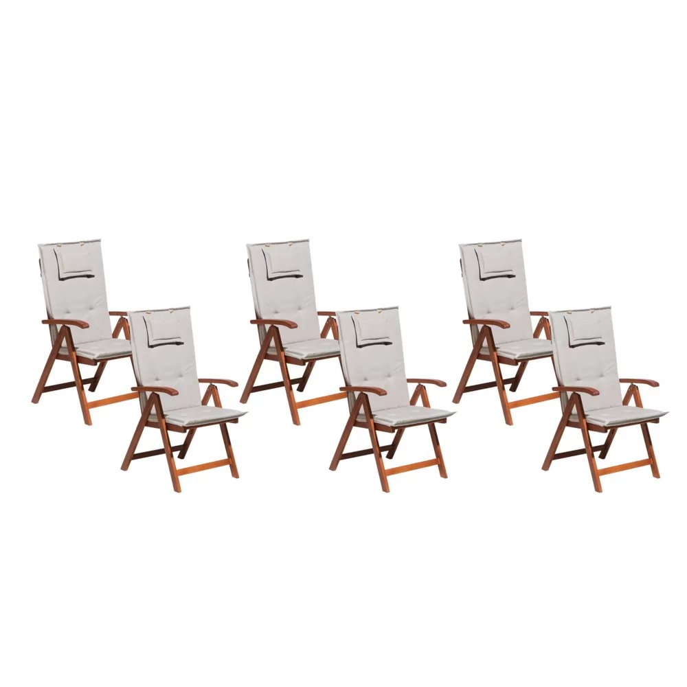 Beliani Zestaw 6 krzeseł ogrodowych drewnianych z beżowoszarymi poduszkami TOS