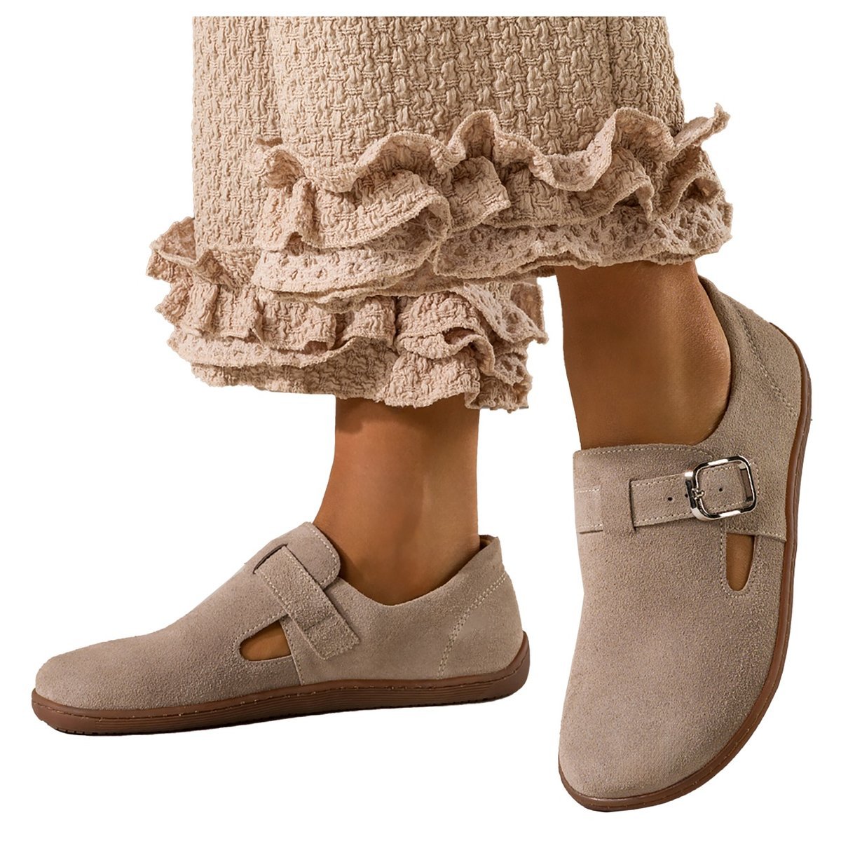 Beżowe buty barefoot skórzane damskie szerokie na elastycznej płaskiej podeszwie wycięta cholewka klamra PRODUKT POLSKI Casu N1261-36