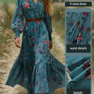 TEMU Elektryczna Boho Sukienka Maxi dla Kobiet - Kwiatowy Wzór w Kolorach Niebieskim/Fioletowym/Różowym/Turkusowym/Białym/Czarnym/Szarym/Beżowym, - Sukienki - miniaturka - grafika 1