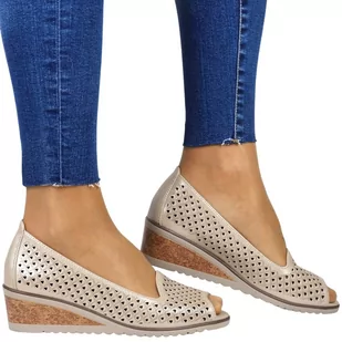 DAMSKIE PÓŁBUTY AŻUROWE NA KOTURNIE POTOCKI 12402 ZŁOTE - Półbuty damskie - miniaturka - grafika 1