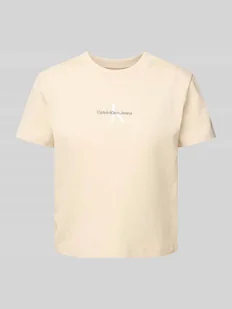 T-shirt z wyhaftowanym logo i okrągłym dekoltem - Koszulki i topy damskie - miniaturka - grafika 1