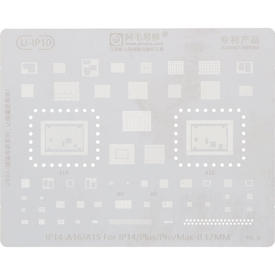 Metalowe sito AMAOE 0,12 mm, szablon do reballingu BGA układów A15/A16 do iPhone z serii 14